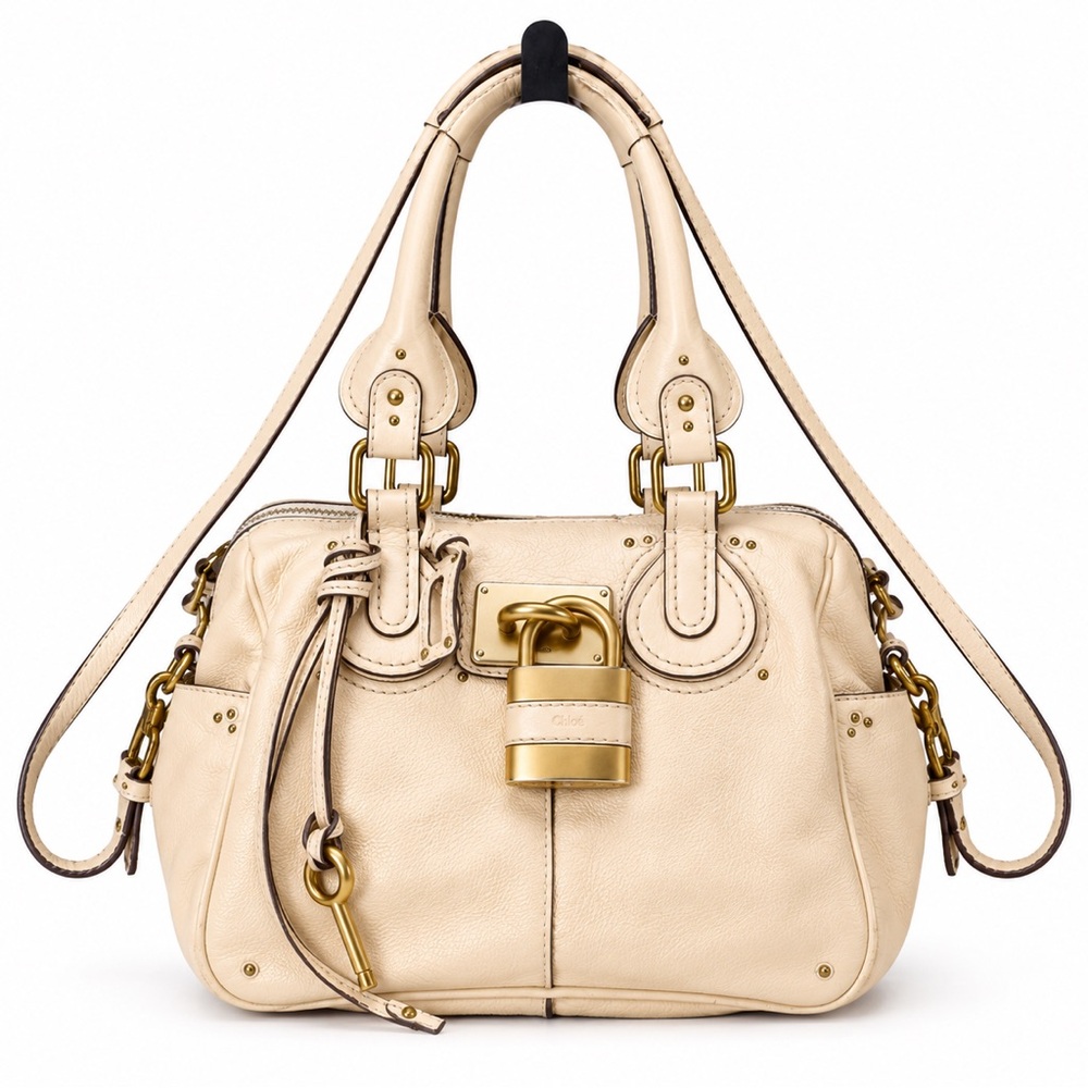 CHLOE PADDINGTON Leather Handbag Beige Cream Crossbody Strap Lock & Key